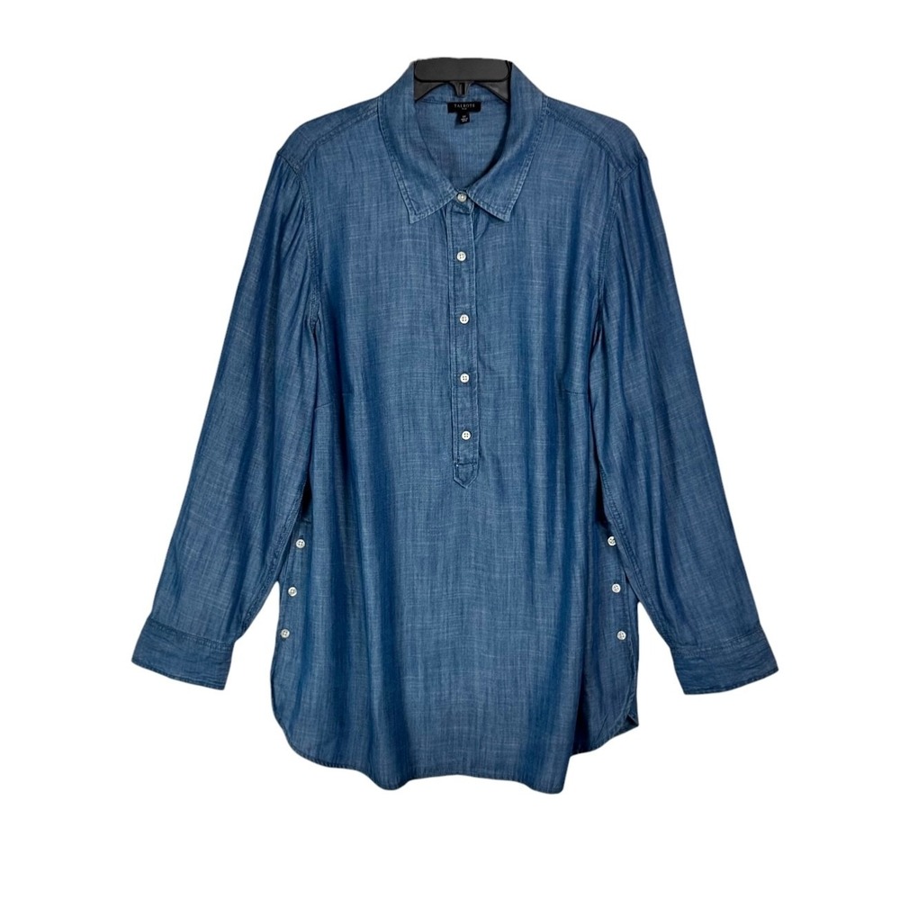Talbots Tencel Chambray Denim Popover Shirt Size 1X Button Long Sleeve Tunic Top